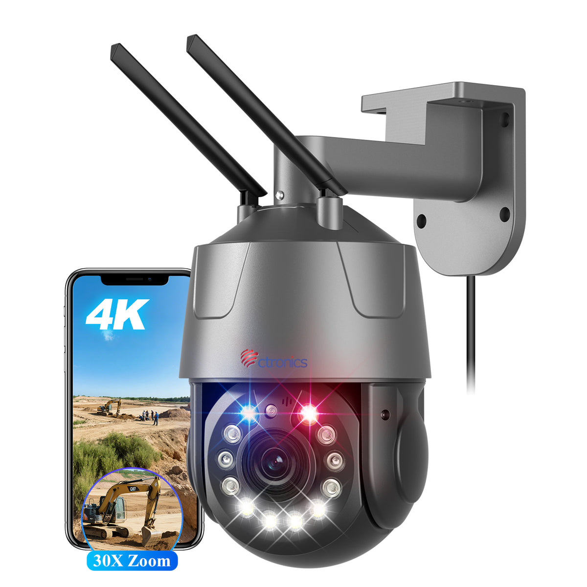 Ctronics 4K 8MP 30X Optical 3D Zoom Security Camera,Person/Vehicle/Animal Detection, R&B Warning Lights, 150m Night Vision, 2.4/5G, Cloud,Metal