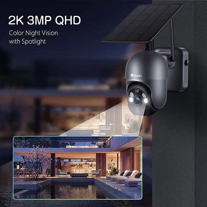 Ctronics 2K 3MP Wireless Solar Security Camera with wifi and 4x digital zoom