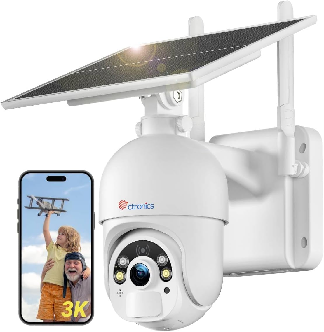 Ctronics 5MP Solar Security Camera Outdoor Wireless, 6W Solar Panel, Sound-Light Alarm, PC/Phone Remote Control, Color Night Vision