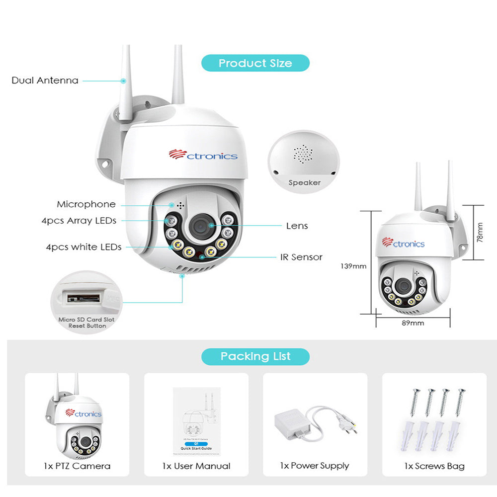 Cámara de seguridad Ctronics con foco, vista de 360°, detección PIR impermeable, visión nocturna en color