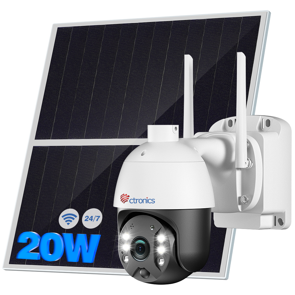 Caméra de sécurité extérieure sans fil Ctronics avec panneau solaire 20 W, batterie intégrée 20 000 mAh et enregistrement 24h/24 et 7j/7
