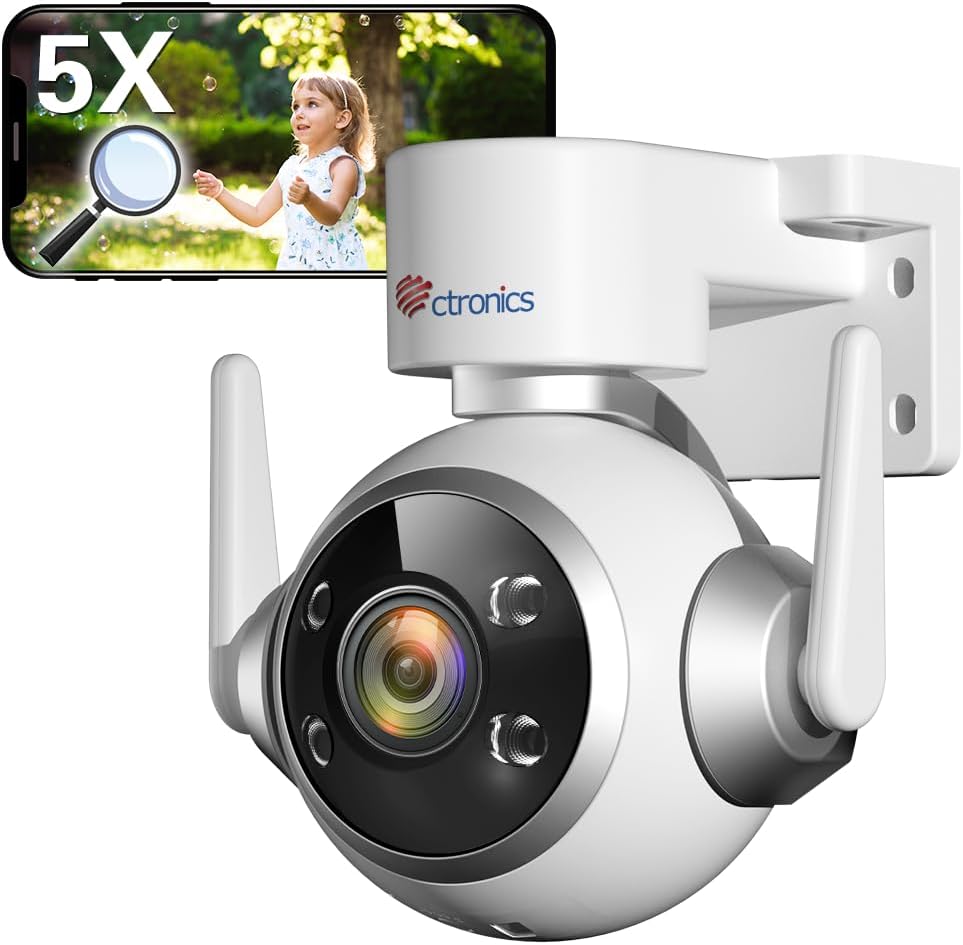 Caméra de sécurité extérieure Ctronics 5X Zoom optique 5MP avec WiFi 2,4/5 Ghz et stockage cloud