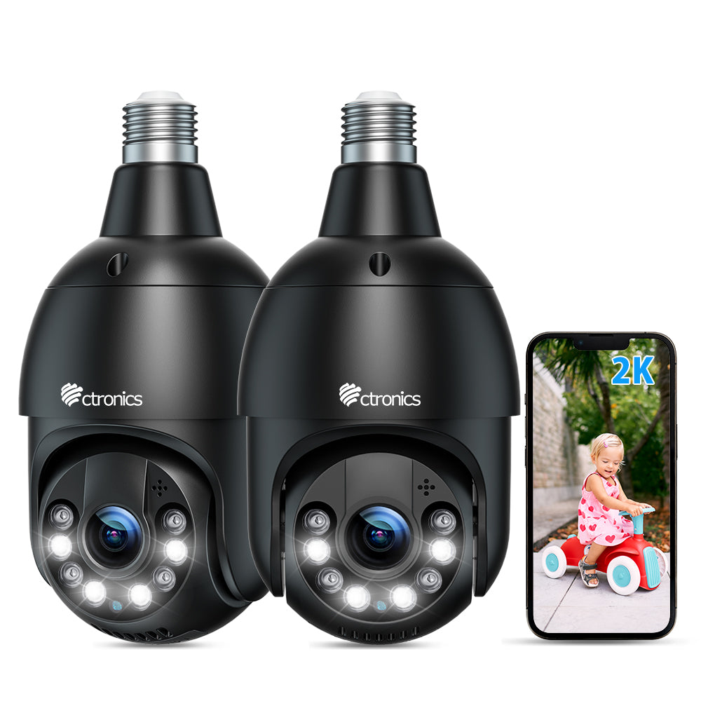 Caméra de sécurité à ampoule Ctronics 2,5 K 4 MP 2,4/5 GHz WiFi et vision nocturne couleur 65 pieds (2 pièces)