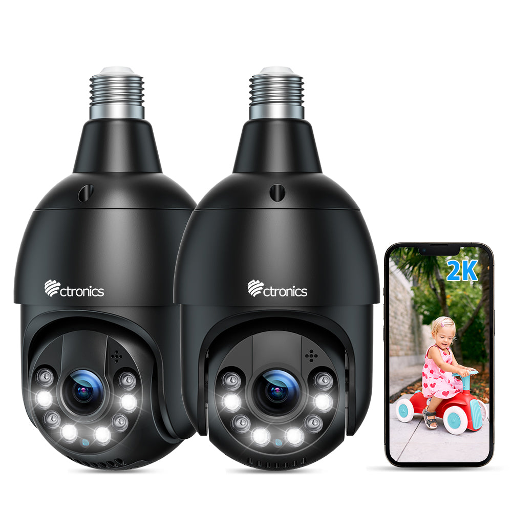 Ctronics 2.5K 4MP 電球セキュリティカメラ 2.4/5GHz WiFi & 65FT カラーナイトビジョン (2 個)