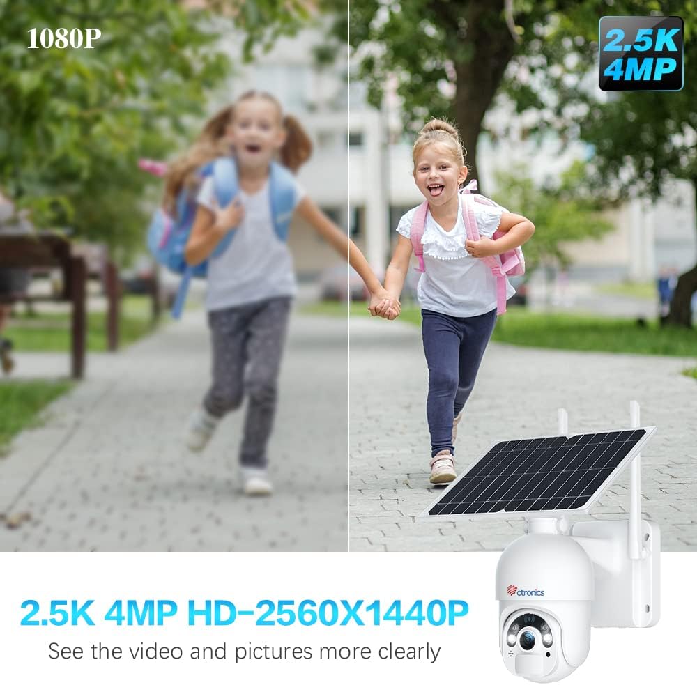 Caméra de sécurité solaire extérieure Ctronics 2,5K 4MP - Alimenté par batterie/solaire et sans fil