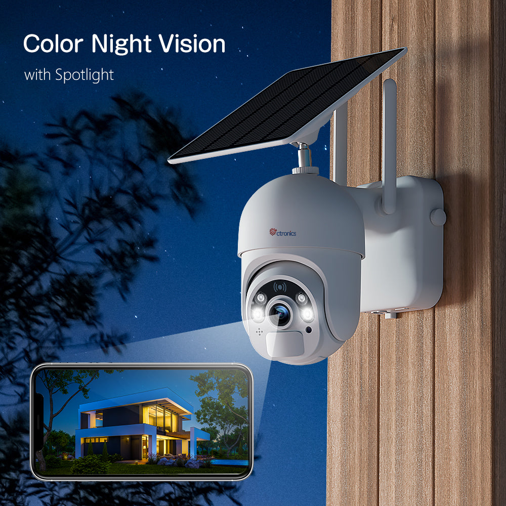 Caméra de sécurité solaire Ctronics 2K 3MP avec vision nocturne couleur et batterie 10 000 mAh