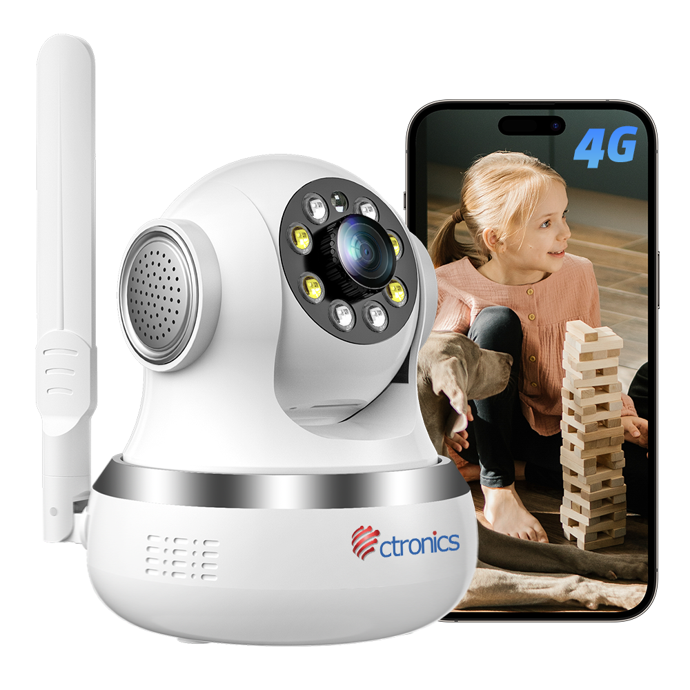 Ctronics 4G LTE 屋内監視カメラ SIM カード付き & 360° PTZ モーション/人物自動検出