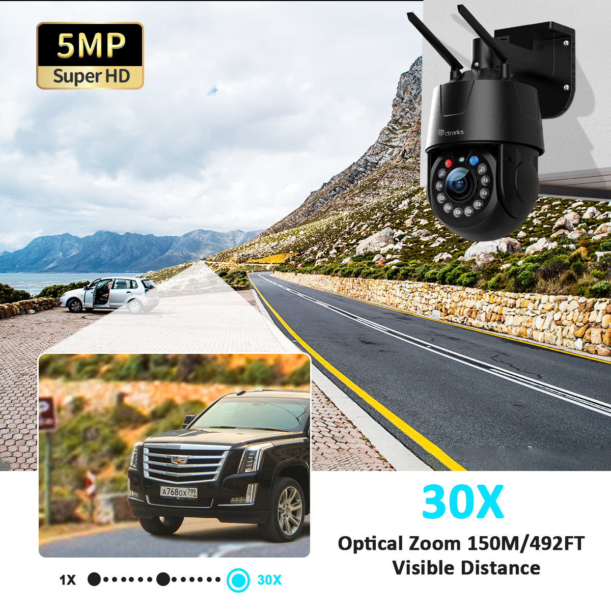 Cámara de seguridad WIFI de metal con zoom óptico Ctronics de 5MP y 30X con crucero automático y vista de 360°