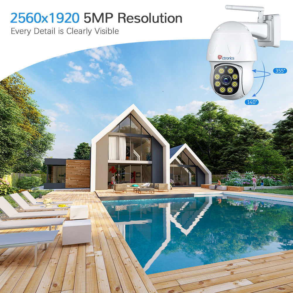 2,4Ghz WiFi 5MP Outdoor Surveillance Camera with Human Detection Auto Tracking 355° Pan 140° Tilt