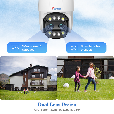 Cámara de vigilancia para exteriores con zoom híbrido Ctronics 6X y lente dual