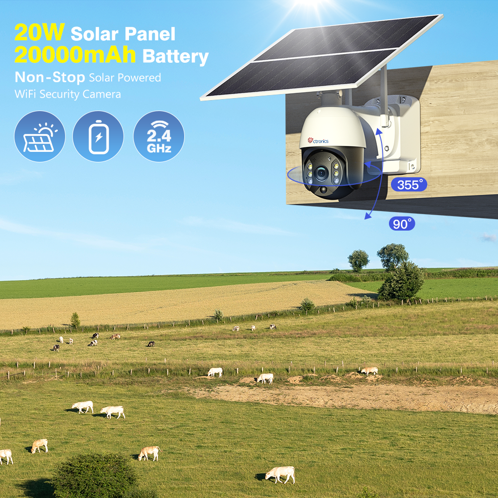 Ctronics Kabellose Outdoor-Sicherheitskamera mit 20 W Solarpanel, 20.000 mAh integriertem Akku und Aufzeichnung rund um die Uhr