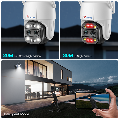 Cámara de vigilancia para exteriores con zoom híbrido Ctronics 6X y lente dual