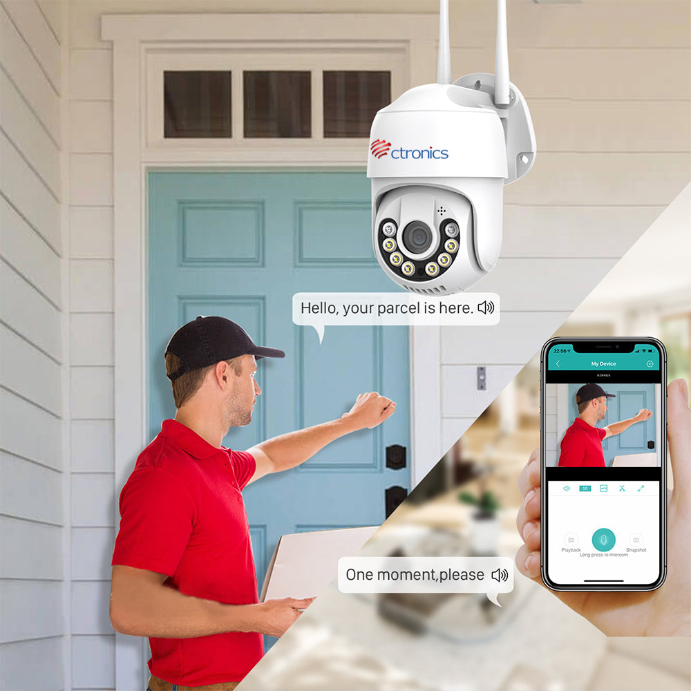 Ctronics スポットライト付きセキュリティカメラ、360° ビュー、防水 PIR 検出、カラーナイトビジョン