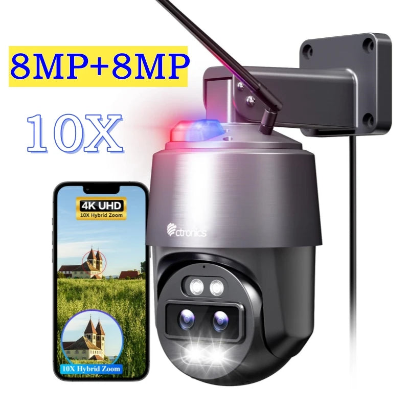 Caméra de sécurité extérieure Wifi à double objectif 4K 16MP 8MP + 8MP 360, zoom automatique 10x-4K IMX415