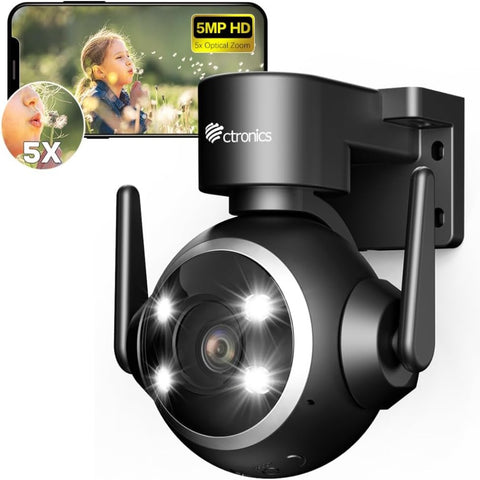 Caméra de sécurité extérieure Ctronics 5X Zoom optique 5MP avec WiFi 2,4/5 Ghz et stockage cloud