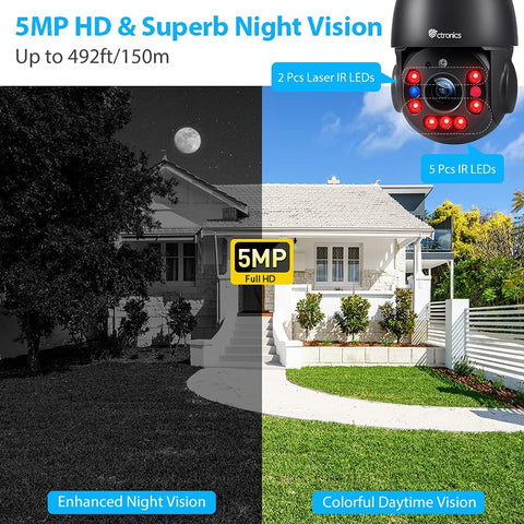 Cámara de seguridad PTZ HD de 5MP con zoom óptico de 30X y visión nocturna de 492 pies